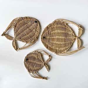 Vintage Trio of Wicker Fish Wall Decor Boho Beach Nursery